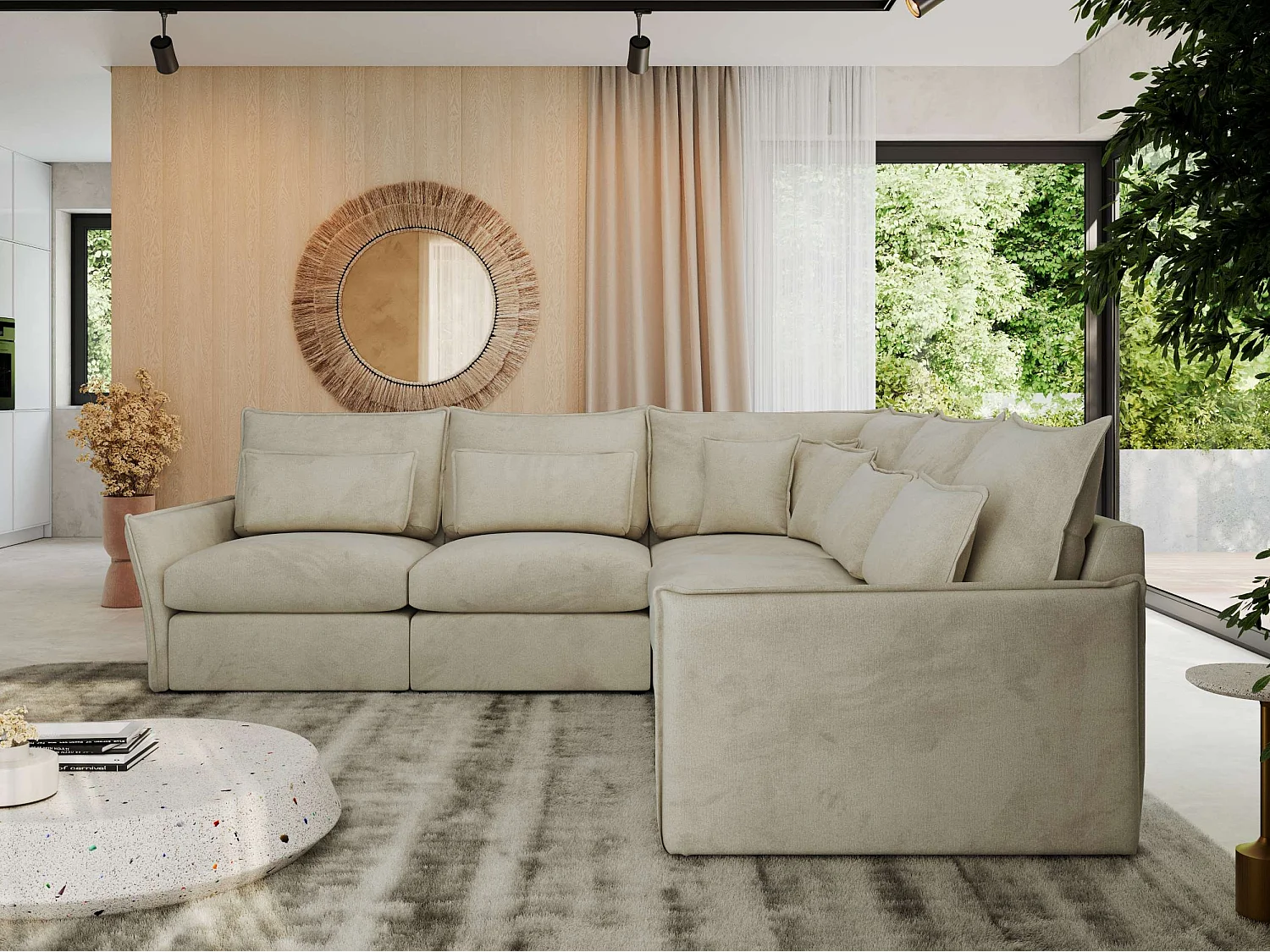 Ecksofa VERSO - modulare L-förmige Ecke, lose Kissen, Wohnlandschaft - Beige Velvet