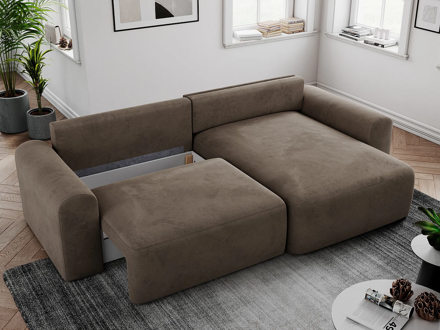 Ecksofa NELSON - Schlafcouch mit Armlehnen und Bettkasten, universelles L-förmige Ecksofa - Braun Velvet