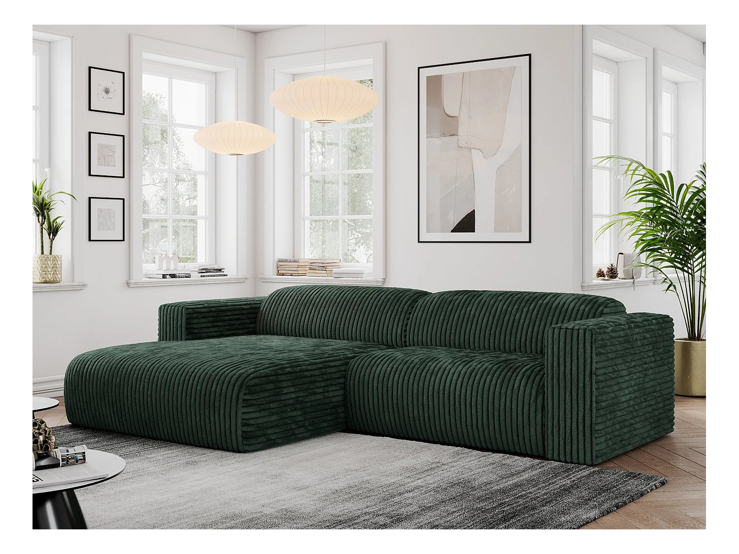 Ecksofa PASADENA - mit Armlehnen, Wohnlandschaft, freistehendes Sofa, große Ecke - Grün Cord - Ecke Links