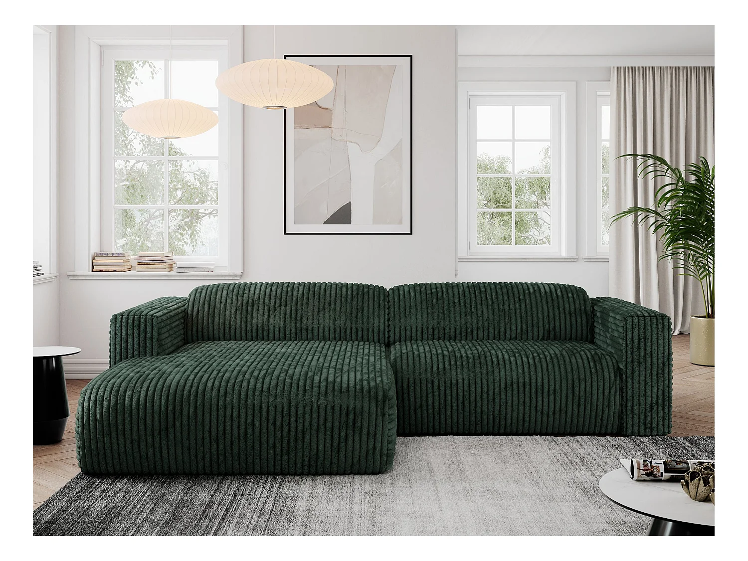 Ecksofa PASADENA - mit Armlehnen, Wohnlandschaft, freistehendes Sofa, große Ecke - Grün Cord - Ecke Links