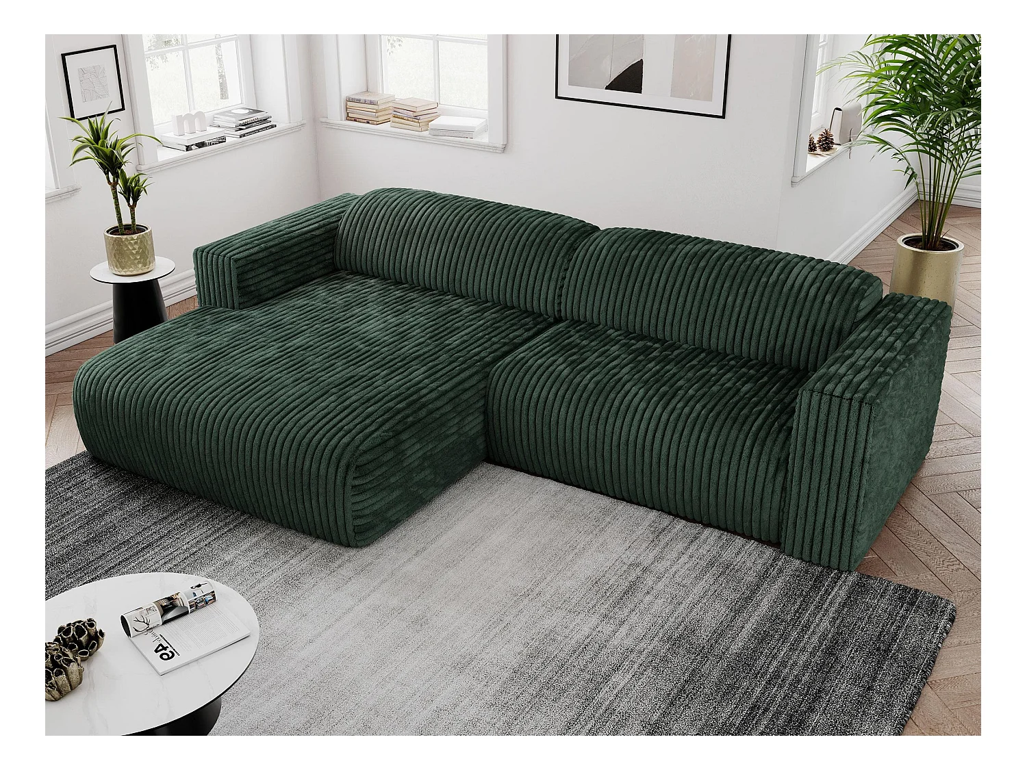 Ecksofa PASADENA - mit Armlehnen, Wohnlandschaft, freistehendes Sofa, große Ecke - Grün Cord - Ecke Links