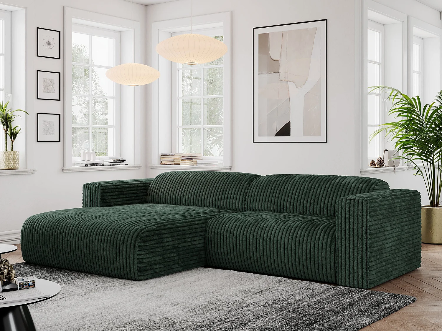 Ecksofa PASADENA - mit Armlehnen, Wohnlandschaft, freistehendes Sofa, große Ecke - Grün Cord - Ecke Links