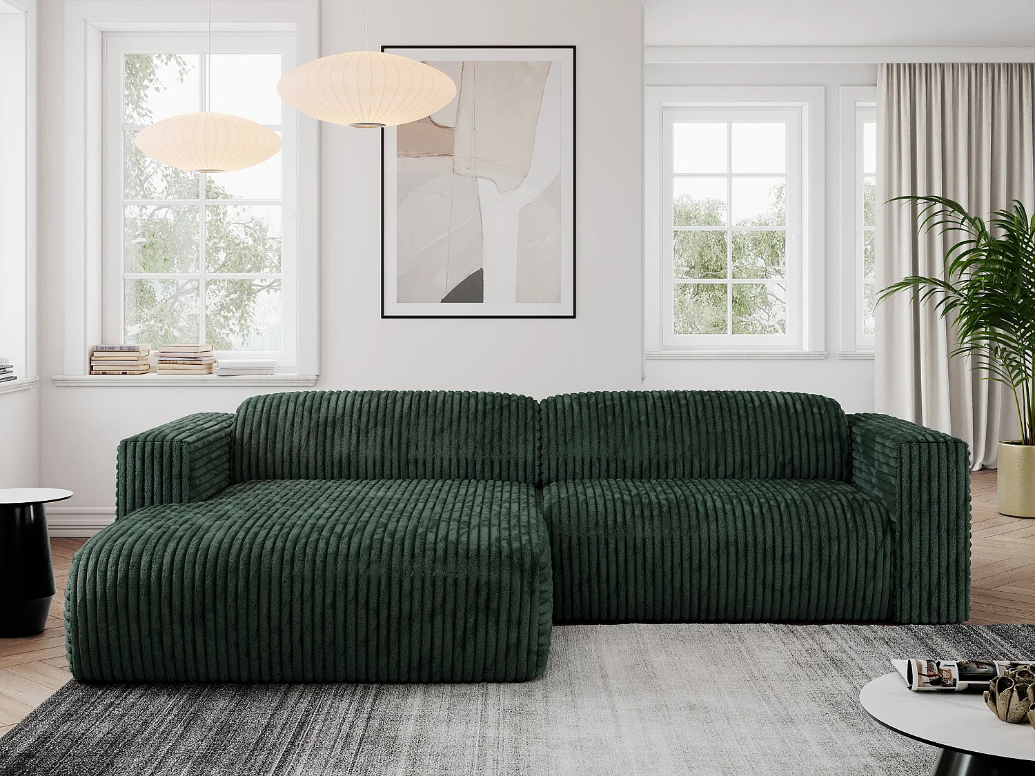 Ecksofa PASADENA - mit Armlehnen, Wohnlandschaft, freistehendes Sofa, große Ecke - Grün Cord - Ecke Links