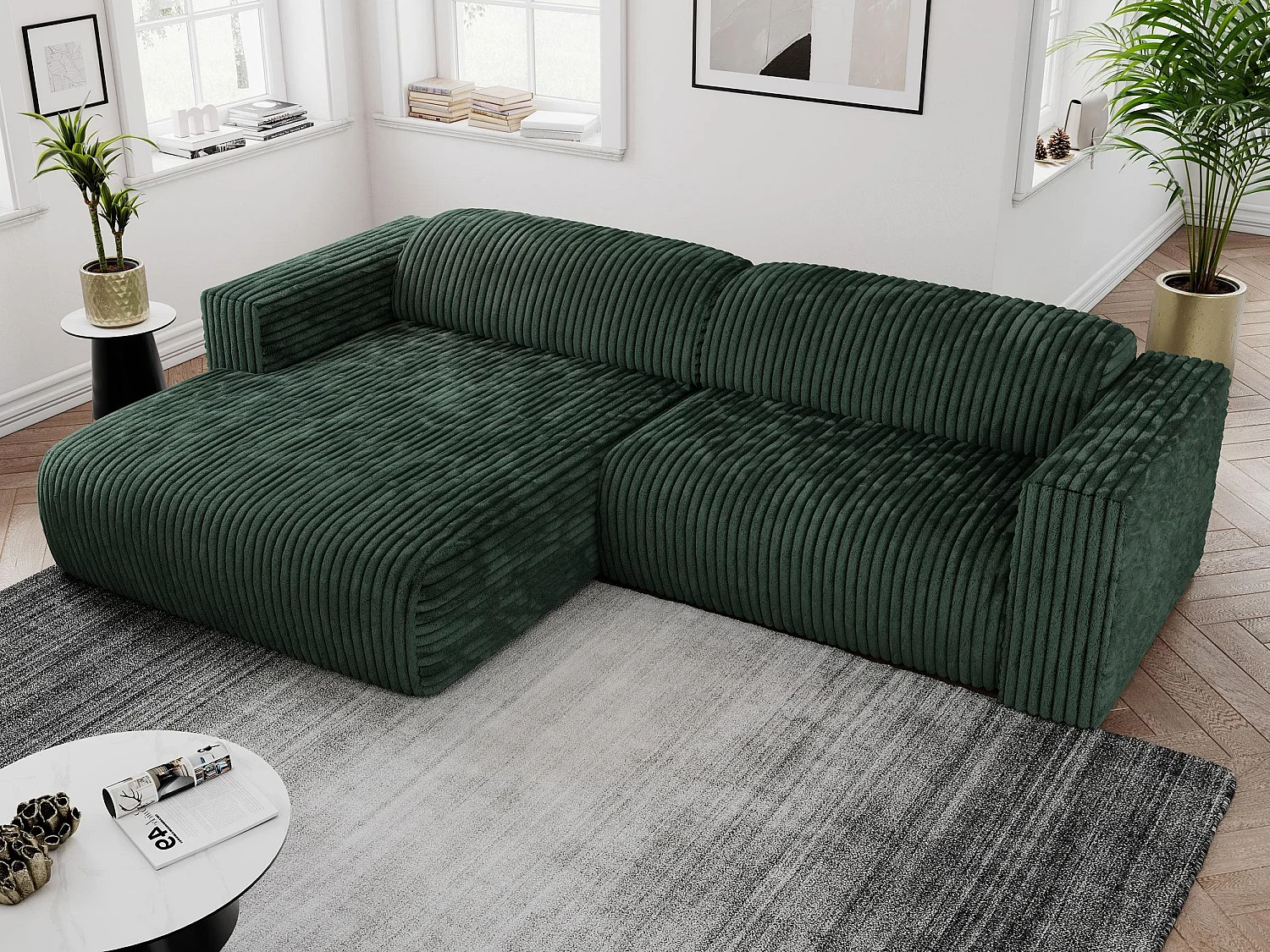 Ecksofa PASADENA - mit Armlehnen, Wohnlandschaft, freistehendes Sofa, große Ecke - Grün Cord - Ecke Links