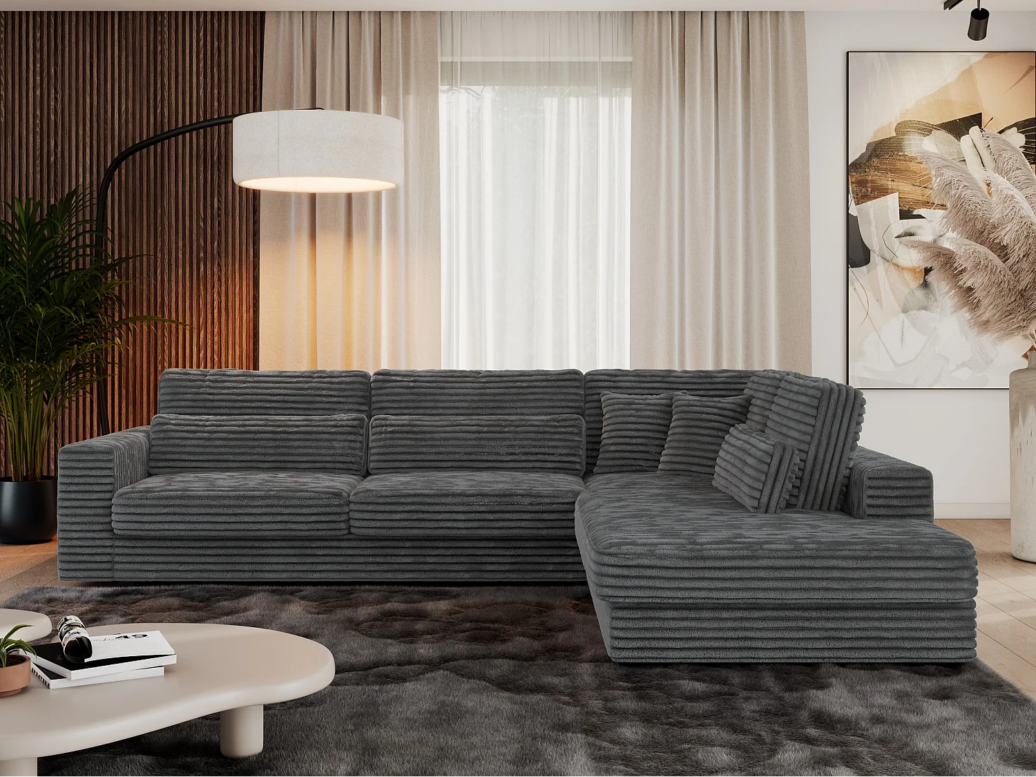 Ecksofa SAVONA - mit Armlehnen, lose Kissen, große L-förmige Ecke, Wohnlandschaft - Dunkelgrau Cord - Ecke Rechts