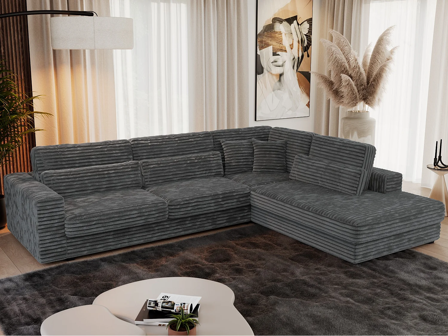 Ecksofa SAVONA - mit Armlehnen, lose Kissen, große L-förmige Ecke, Wohnlandschaft - Dunkelgrau Cord - Ecke Rechts