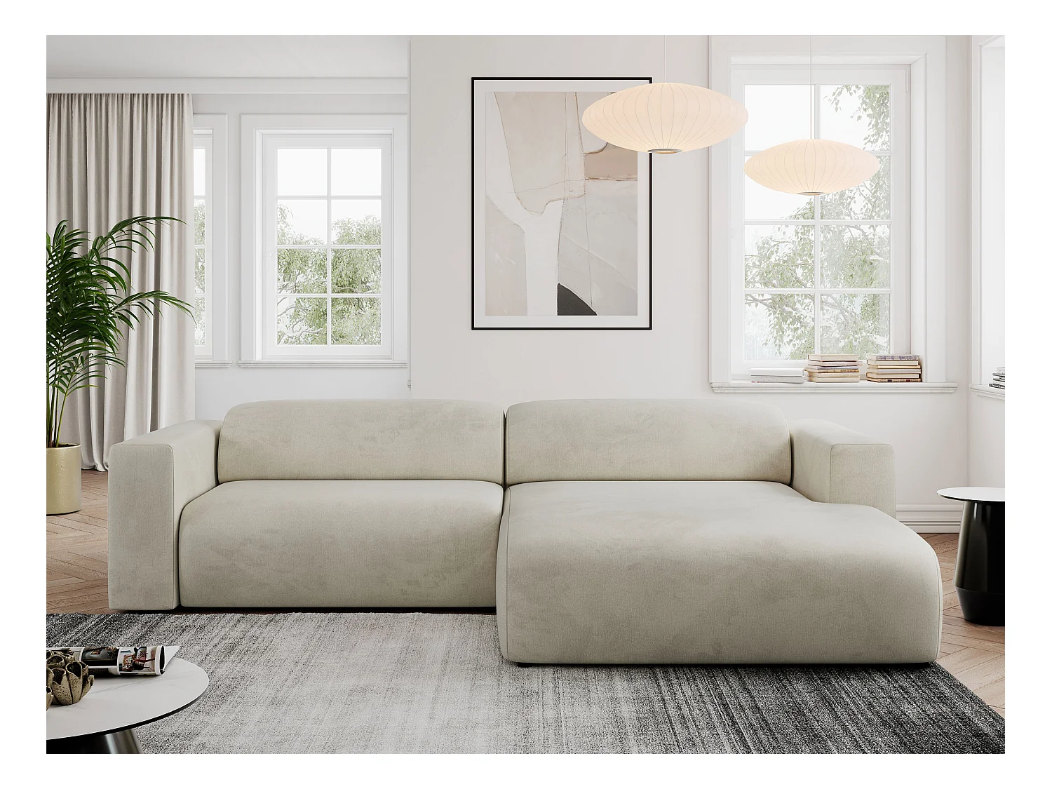 Ecksofa PASADENA - mit Armlehnen, Wohnlandschaft, freistehendes Sofa, große Ecke - Beige Velvet - Ecke Rechts