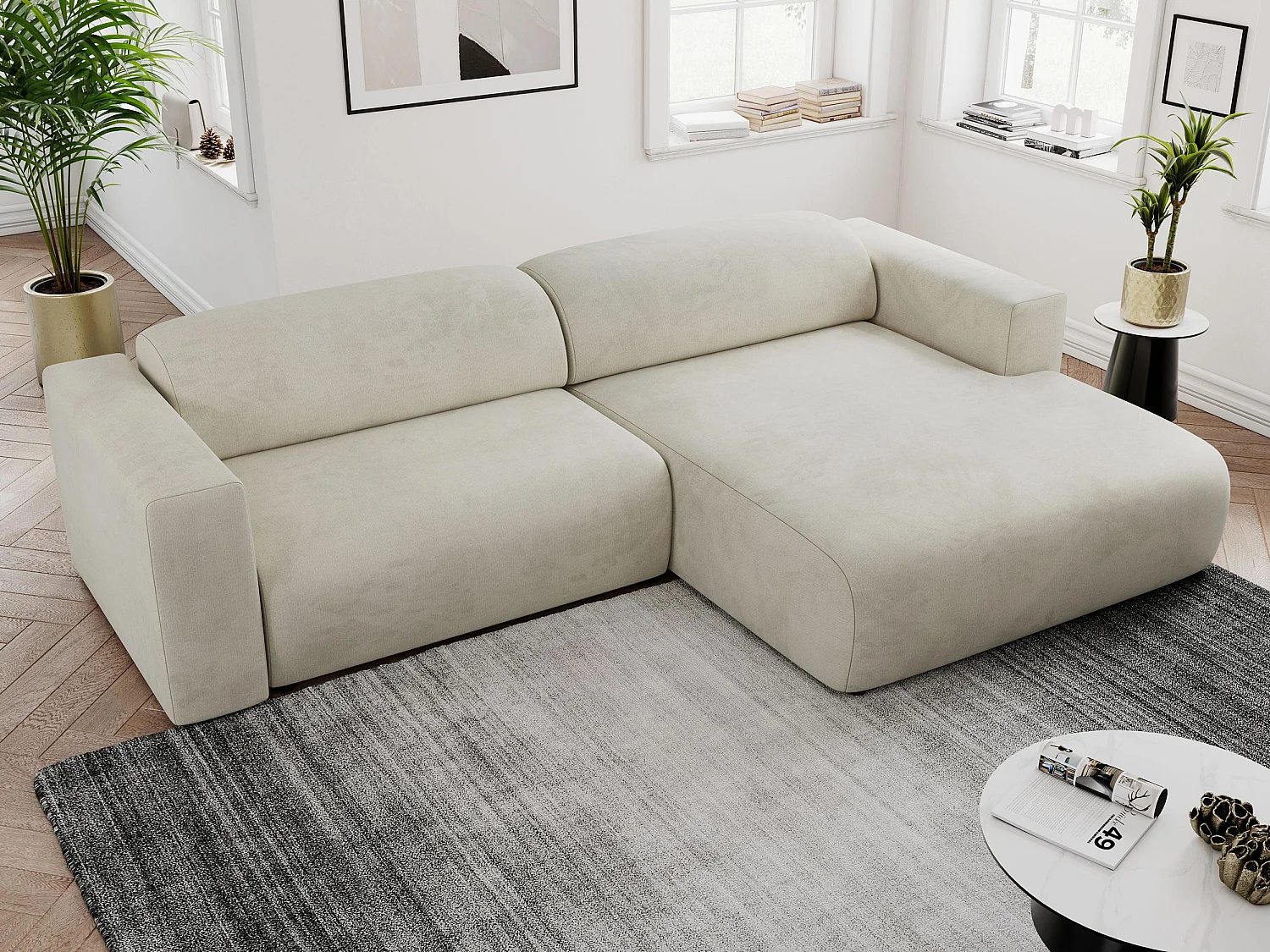 Ecksofa PASADENA - mit Armlehnen, Wohnlandschaft, freistehendes Sofa, große Ecke - Beige Velvet - Ecke Rechts