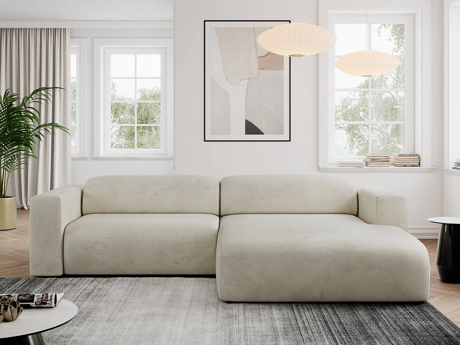 Ecksofa PASADENA - mit Armlehnen, Wohnlandschaft, freistehendes Sofa, große Ecke - Beige Velvet - Ecke Rechts