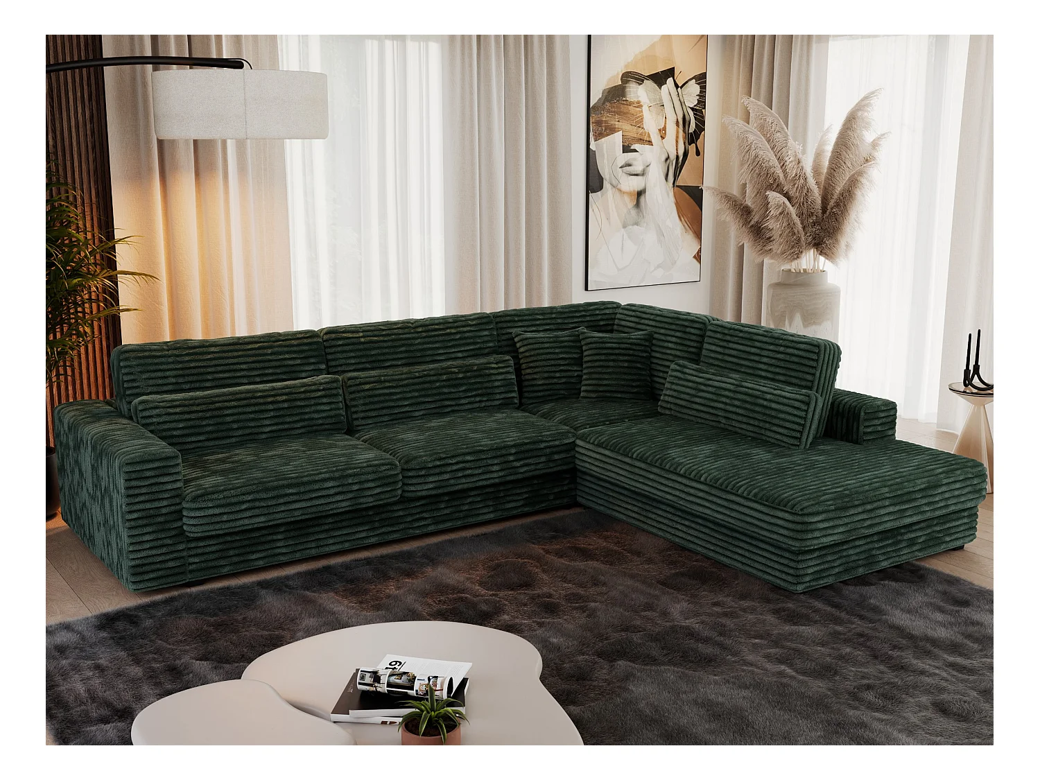 Ecksofa SAVONA - mit Armlehnen, lose Kissen, große L-förmige Ecke, Wohnlandschaft - Grün Cord - Ecke Rechts