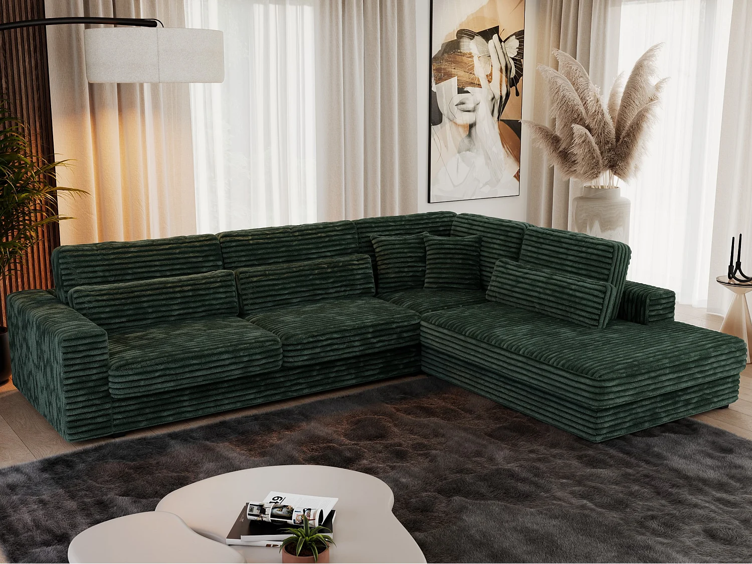 Ecksofa SAVONA - mit Armlehnen, lose Kissen, große L-förmige Ecke, Wohnlandschaft - Grün Cord - Ecke Rechts