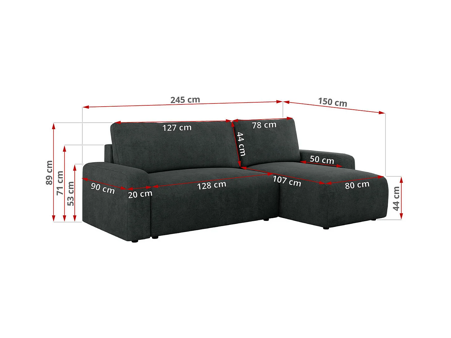 Ecksofa ARGOS - mit Schlaffunktion, Sofa mit armlehnen, Bettkasten, 3-Sitzer Sofa - Dunkelgrau Stukture
