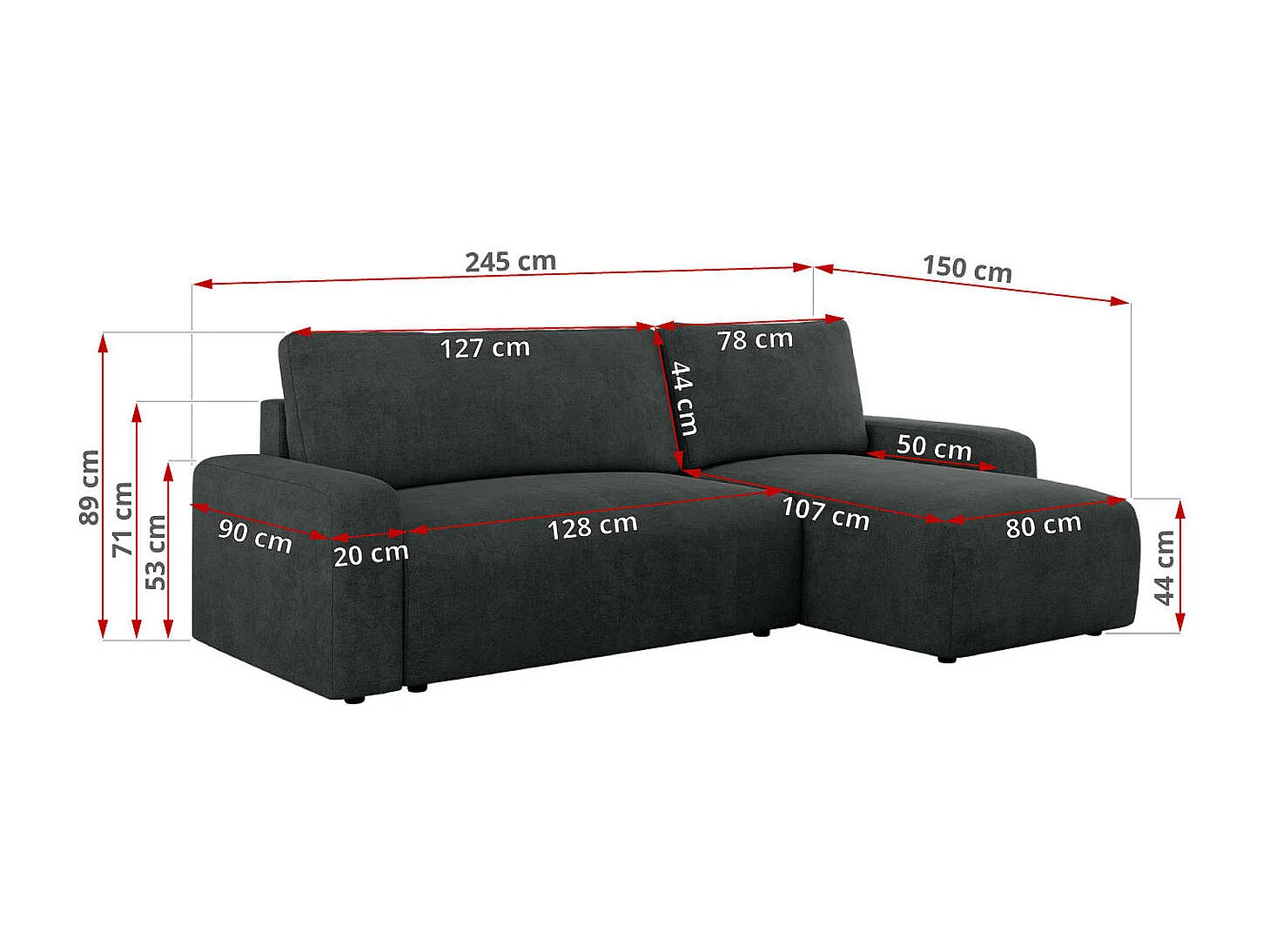 Ecksofa ARGOS - mit Schlaffunktion, Sofa mit armlehnen, Bettkasten, 3-Sitzer Sofa - Dunkelgrau Stukture