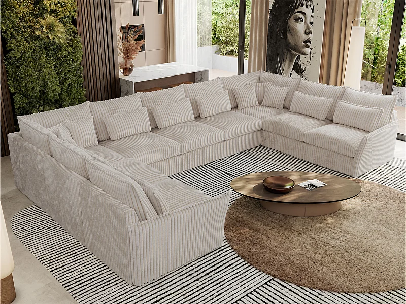 Ecksofa VERSO U9M - XXL Wohnlandschaft Ecke, modulare, Armlehnen und lose Kissen - Beige Cord