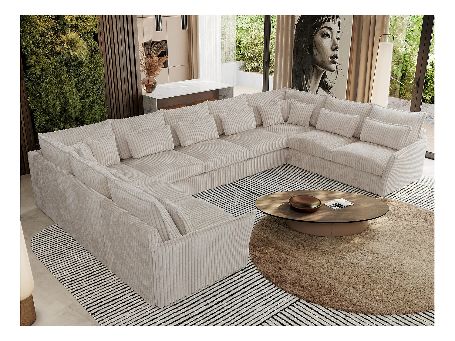 Ecksofa VERSO U9M - XXL Wohnlandschaft Ecke, modulare, Armlehnen und lose Kissen - Beige Cord