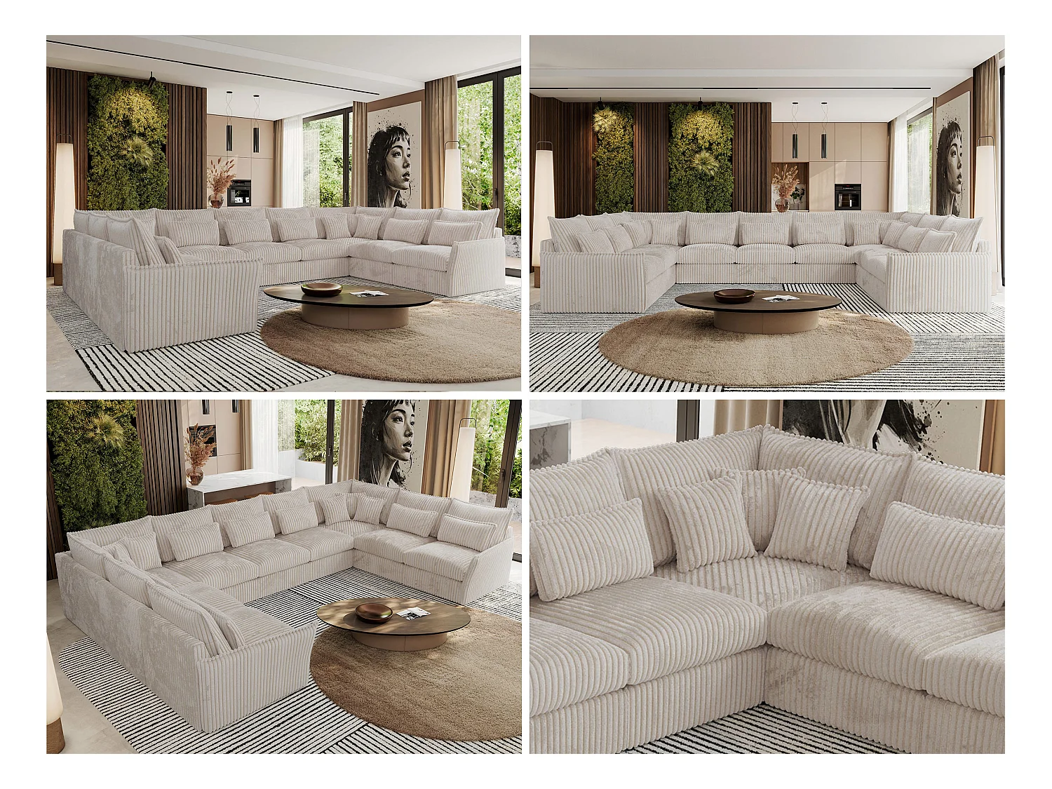 Ecksofa VERSO U9M - XXL Wohnlandschaft Ecke, modulare, Armlehnen und lose Kissen - Beige Cord