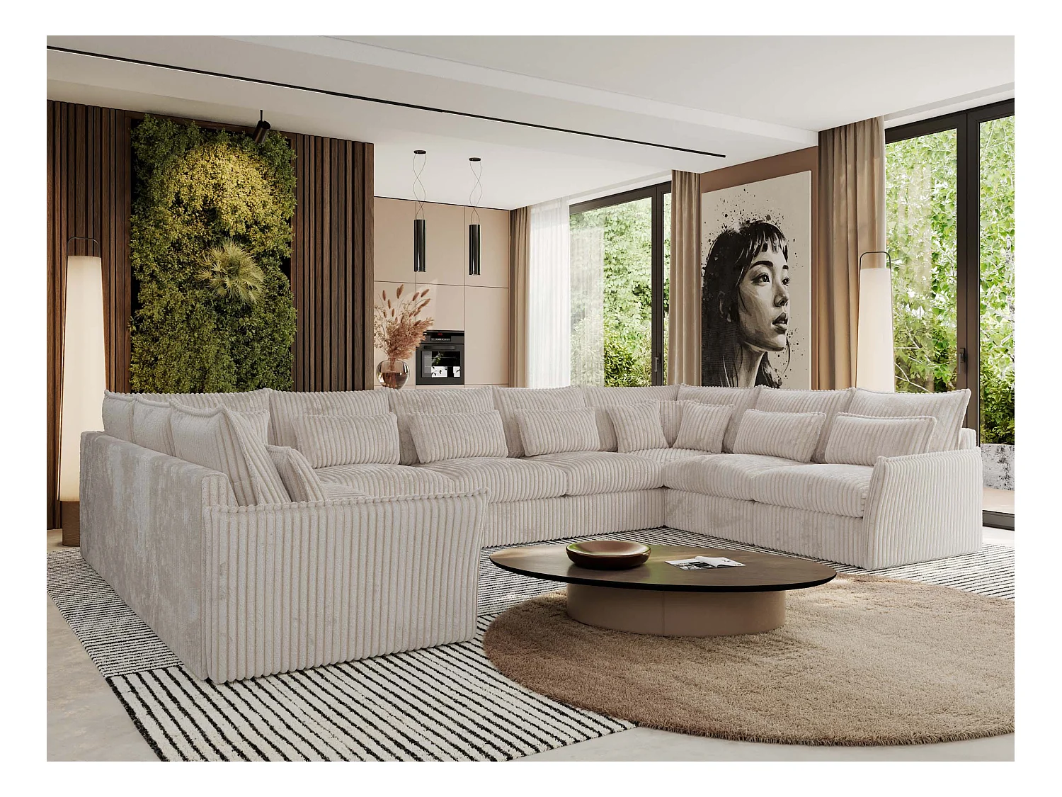 Ecksofa VERSO U9M - XXL Wohnlandschaft Ecke, modulare, Armlehnen und lose Kissen - Beige Cord