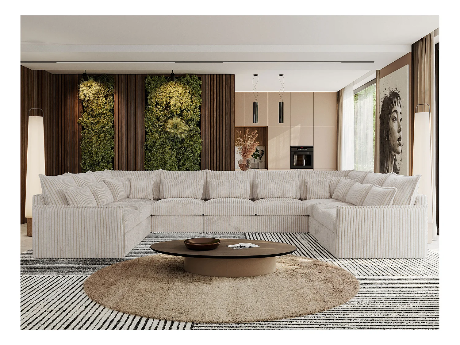 Ecksofa VERSO U9M - XXL Wohnlandschaft Ecke, modulare, Armlehnen und lose Kissen - Beige Cord