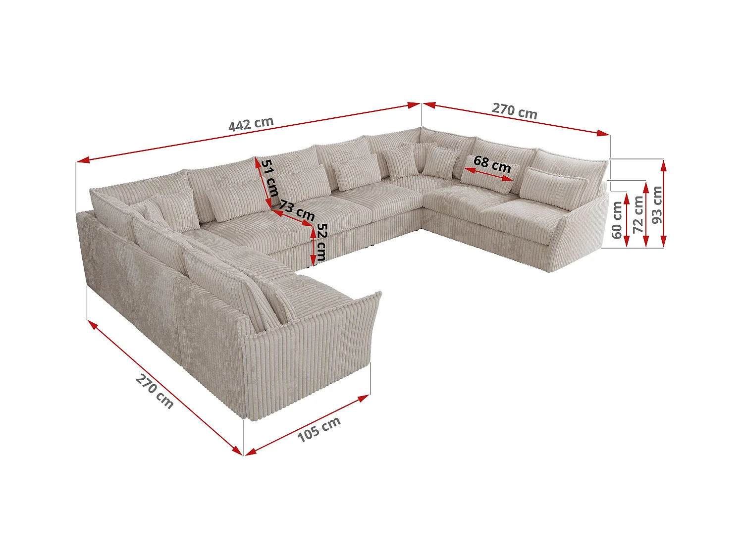 Ecksofa VERSO U9M - XXL Wohnlandschaft Ecke, modulare, Armlehnen und lose Kissen - Beige Cord