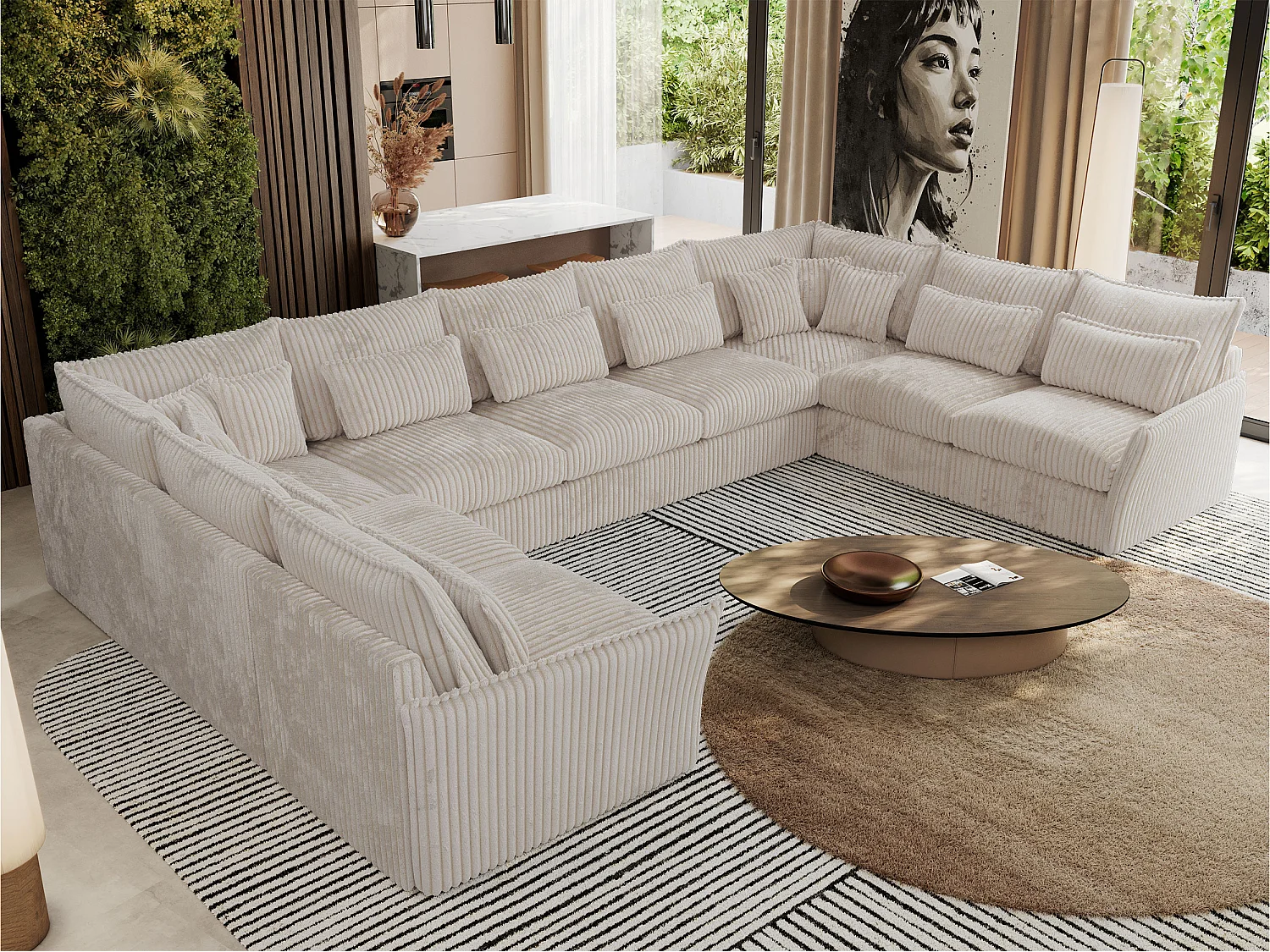 Ecksofa VERSO U9M - XXL Wohnlandschaft Ecke, modulare, Armlehnen und lose Kissen - Beige Cord