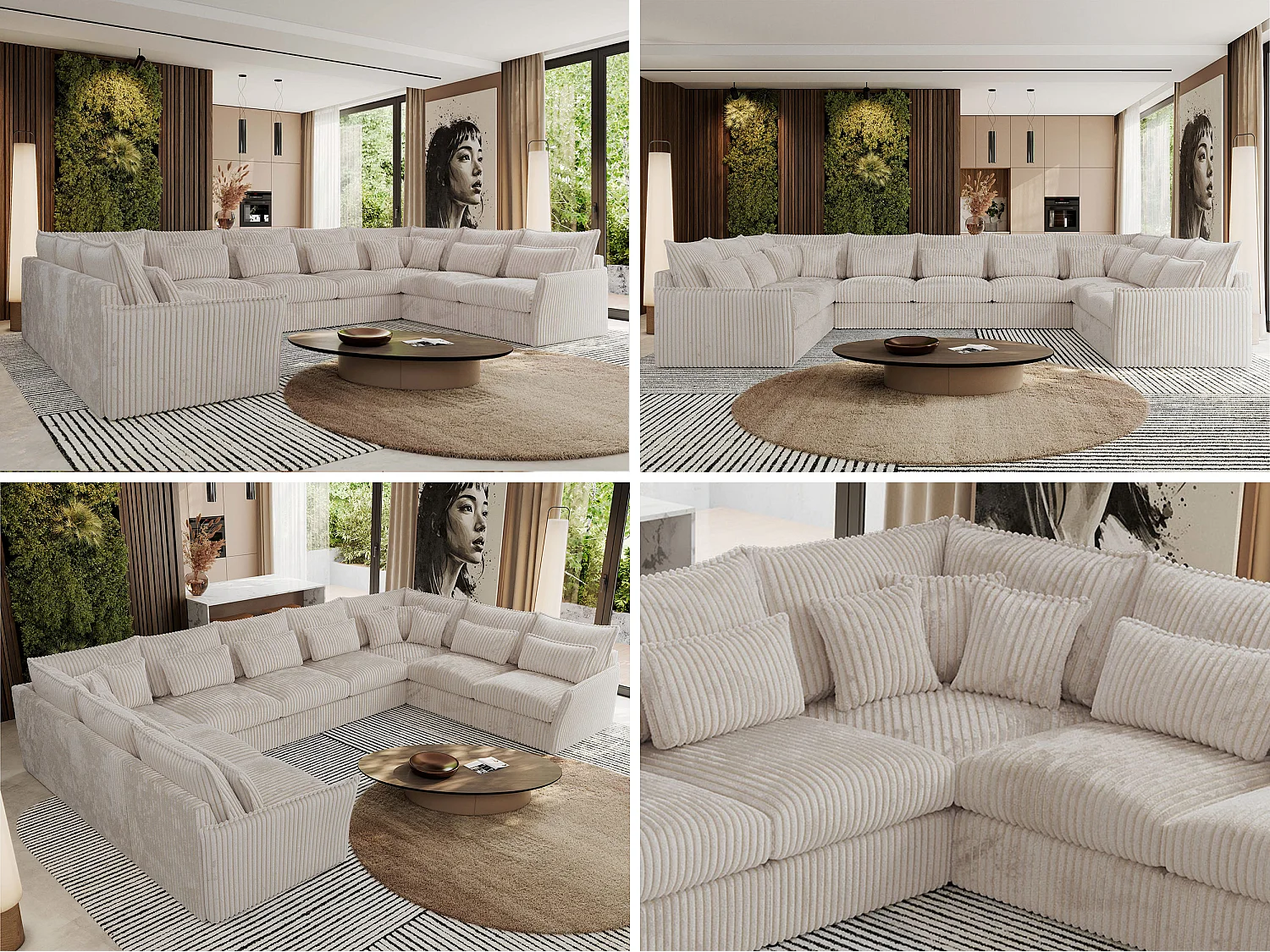 Ecksofa VERSO U9M - XXL Wohnlandschaft Ecke, modulare, Armlehnen und lose Kissen - Beige Cord