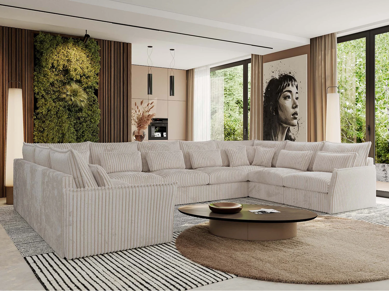 Ecksofa VERSO U9M - XXL Wohnlandschaft Ecke, modulare, Armlehnen und lose Kissen - Beige Cord