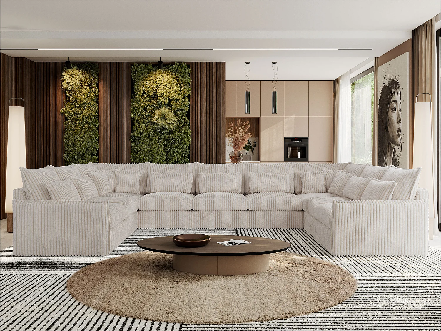 Ecksofa VERSO U9M - XXL Wohnlandschaft Ecke, modulare, Armlehnen und lose Kissen - Beige Cord