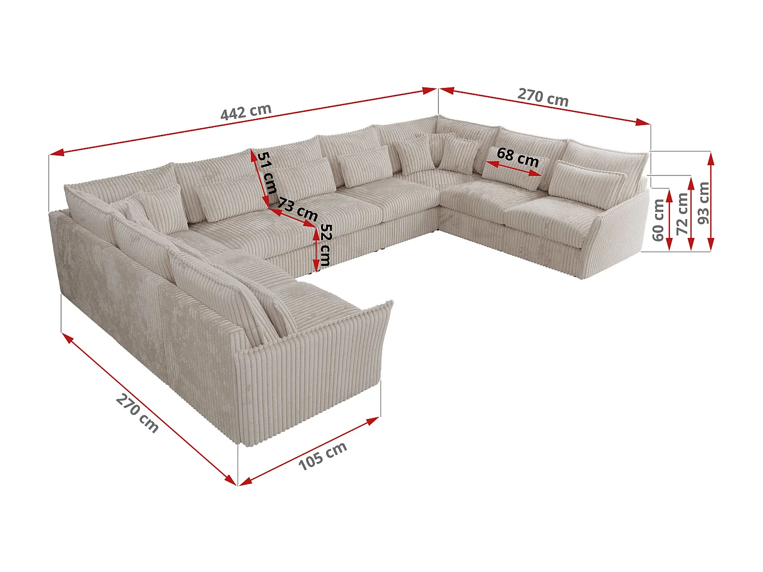 Ecksofa VERSO U9M - XXL Wohnlandschaft Ecke, modulare, Armlehnen und lose Kissen - Beige Cord