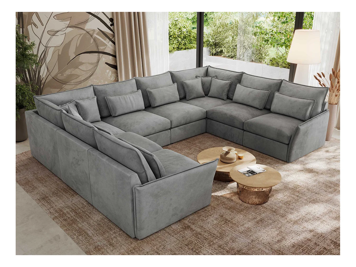 Ecksofa VERSO U8M - modulare U-förmige Ecke mit Armlehnen, Wohnlandschaft, Ecksofa XXL, lose Kissen - Hellgrau Velvet