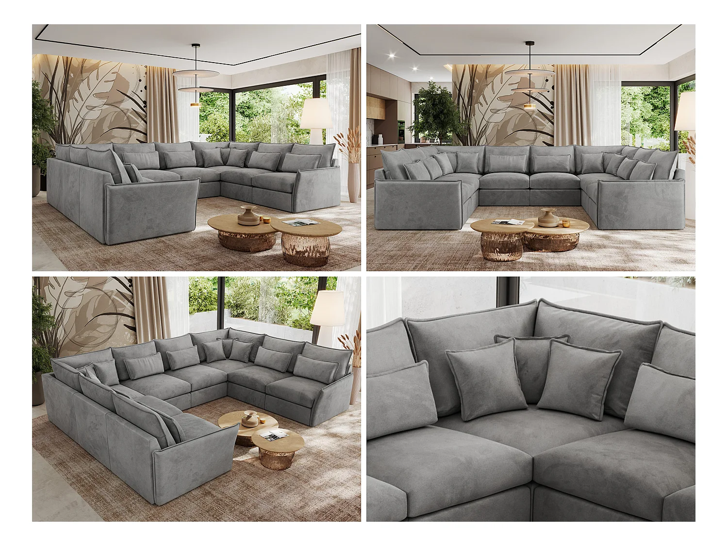 Ecksofa VERSO U8M - modulare U-förmige Ecke mit Armlehnen, Wohnlandschaft, Ecksofa XXL, lose Kissen - Hellgrau Velvet