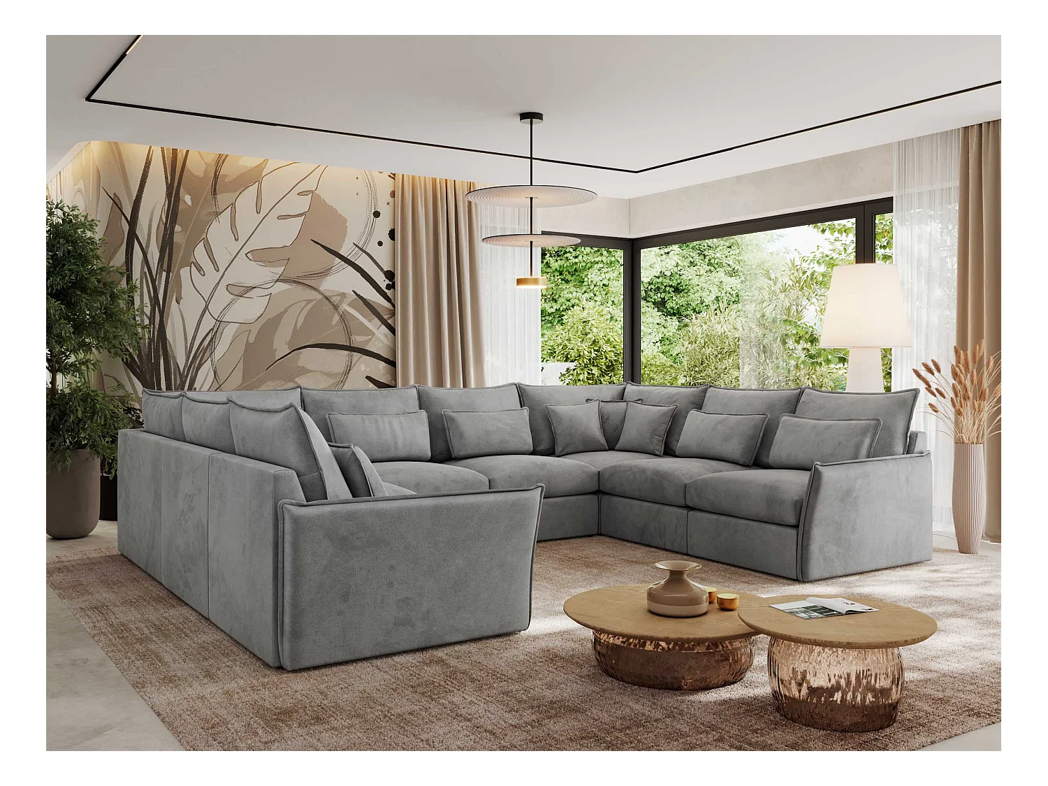 Ecksofa VERSO U8M - modulare U-förmige Ecke mit Armlehnen, Wohnlandschaft, Ecksofa XXL, lose Kissen - Hellgrau Velvet