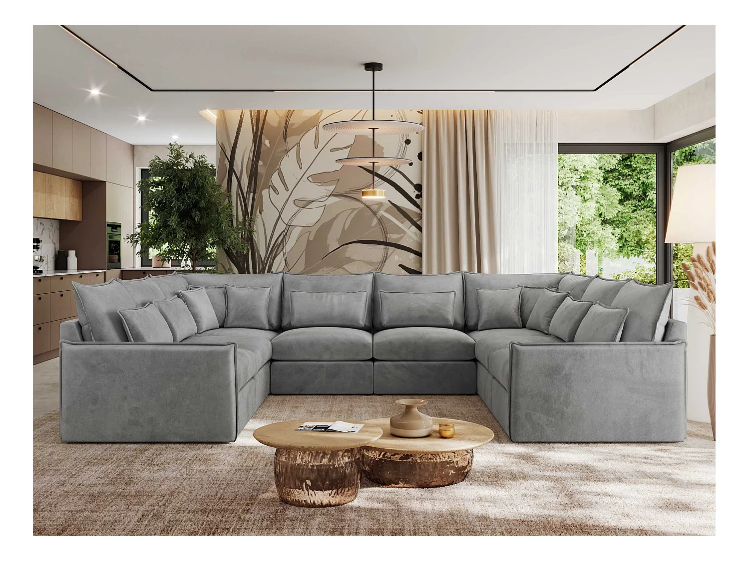 Ecksofa VERSO U8M - modulare U-förmige Ecke mit Armlehnen, Wohnlandschaft, Ecksofa XXL, lose Kissen - Hellgrau Velvet