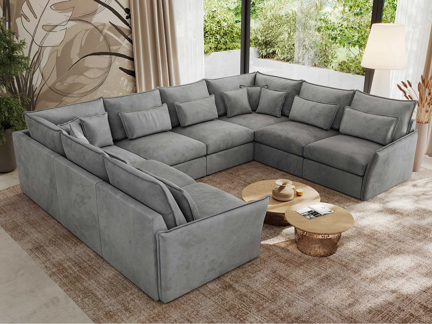 Ecksofa VERSO U8M - modulare U-förmige Ecke mit Armlehnen, Wohnlandschaft, Ecksofa XXL, lose Kissen - Hellgrau Velvet