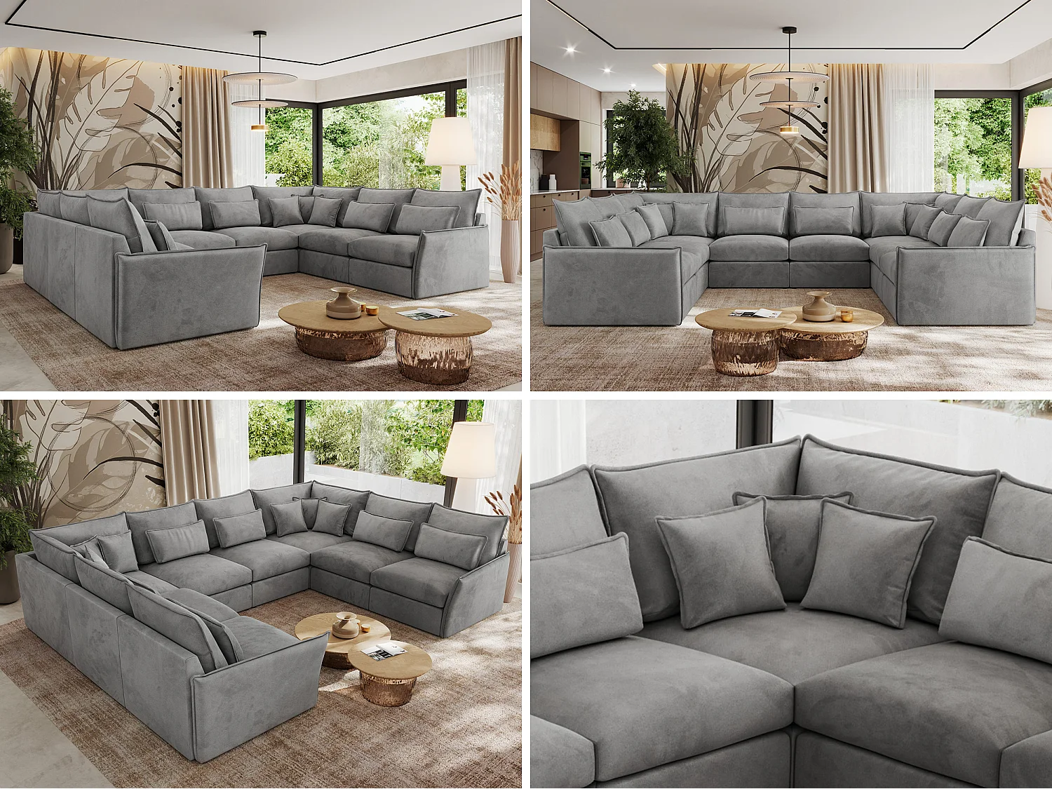 Ecksofa VERSO U8M - modulare U-förmige Ecke mit Armlehnen, Wohnlandschaft, Ecksofa XXL, lose Kissen - Hellgrau Velvet