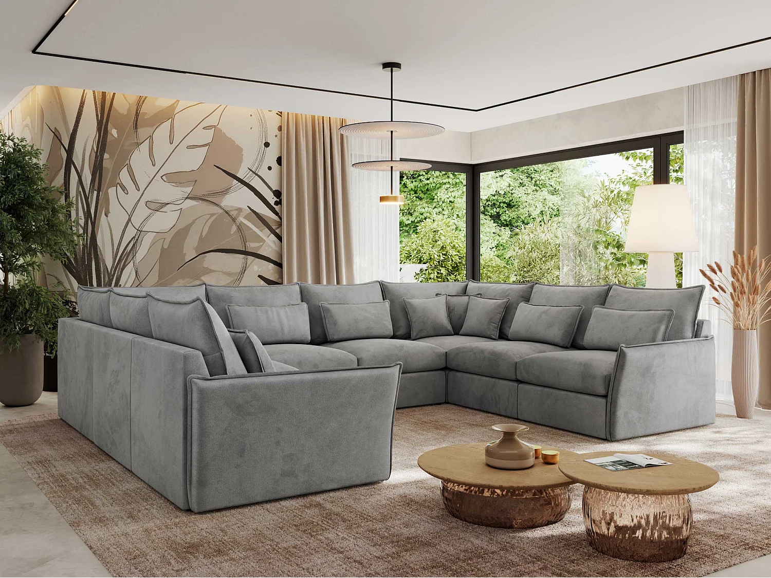 Ecksofa VERSO U8M - modulare U-förmige Ecke mit Armlehnen, Wohnlandschaft, Ecksofa XXL, lose Kissen - Hellgrau Velvet