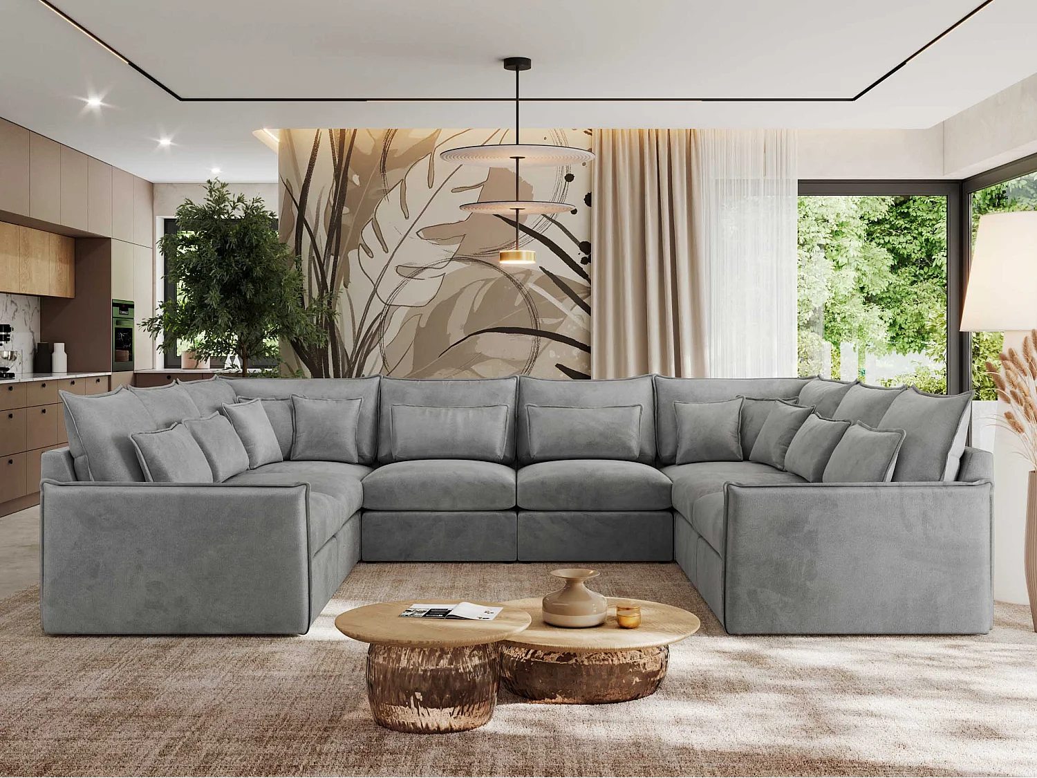 Ecksofa VERSO U8M - modulare U-förmige Ecke mit Armlehnen, Wohnlandschaft, Ecksofa XXL, lose Kissen - Hellgrau Velvet