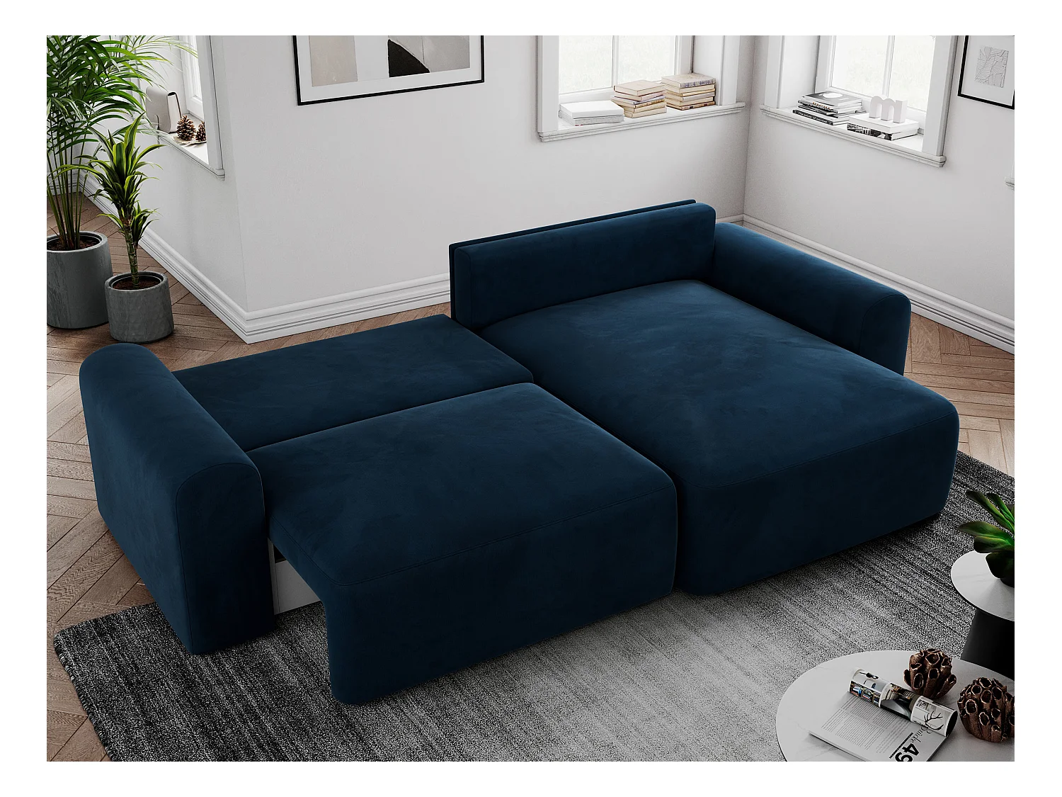 Ecksofa NELSON - Schlafcouch mit Armlehnen und Bettkasten, universelles L-förmige Ecksofa - Dunkelblau Velvet