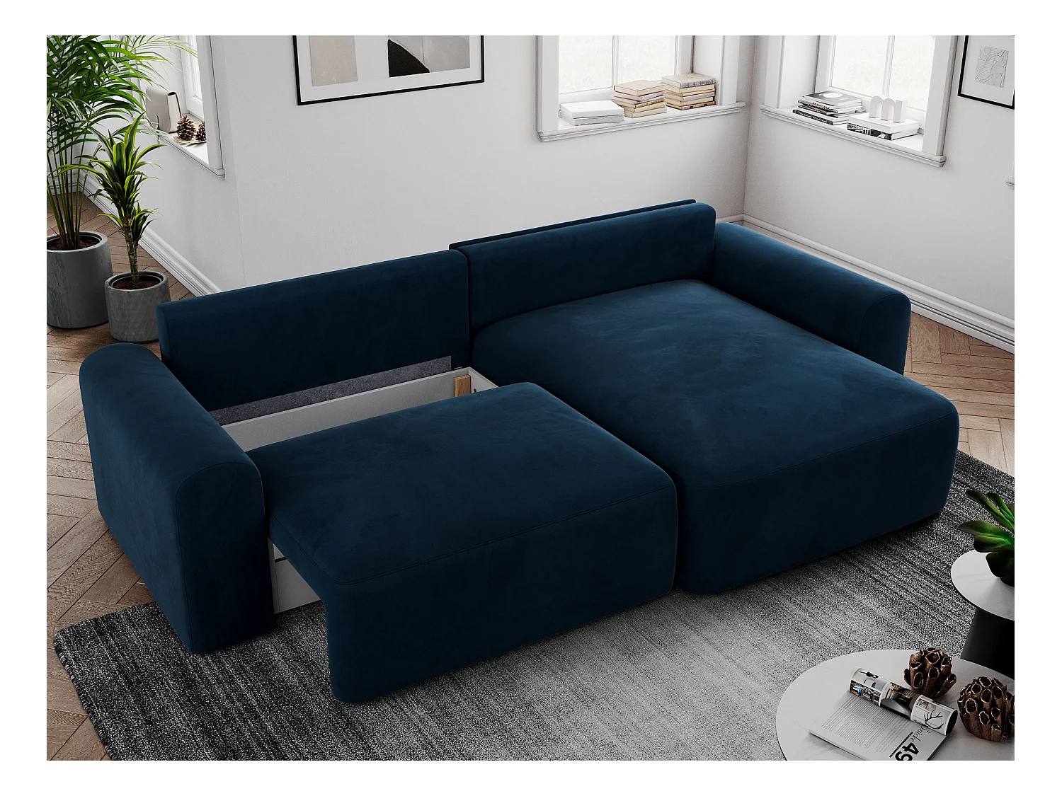 Ecksofa NELSON - Schlafcouch mit Armlehnen und Bettkasten, universelles L-förmige Ecksofa - Dunkelblau Velvet