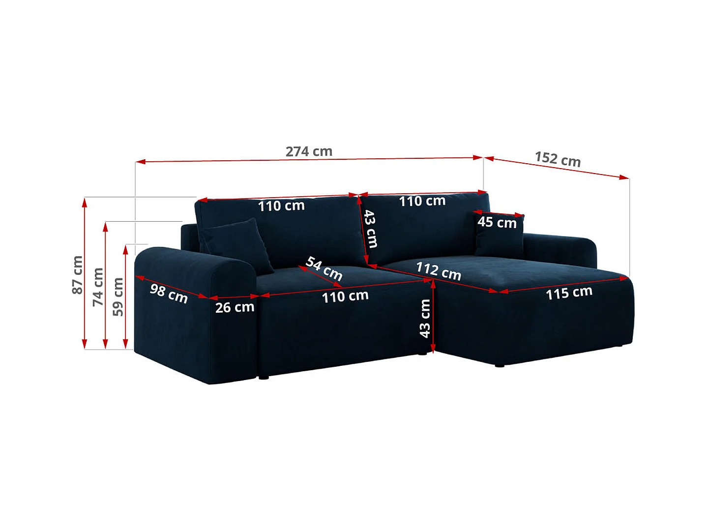 Ecksofa NELSON - Schlafcouch mit Armlehnen und Bettkasten, universelles L-förmige Ecksofa - Dunkelblau Velvet
