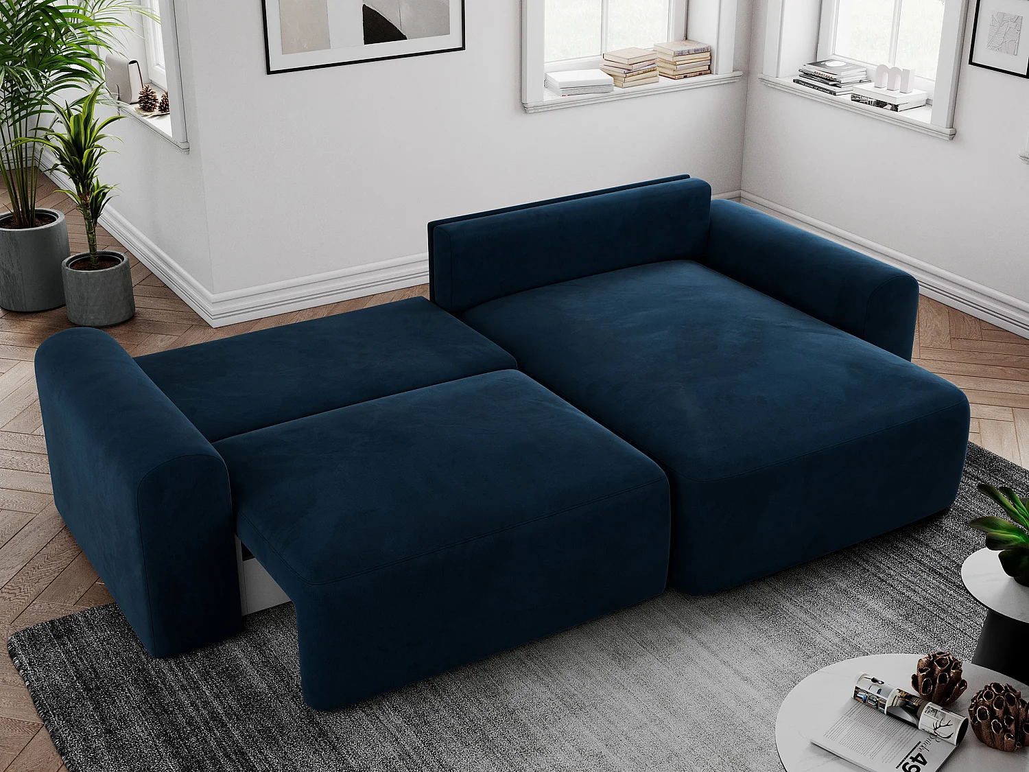 Ecksofa NELSON - Schlafcouch mit Armlehnen und Bettkasten, universelles L-förmige Ecksofa - Dunkelblau Velvet