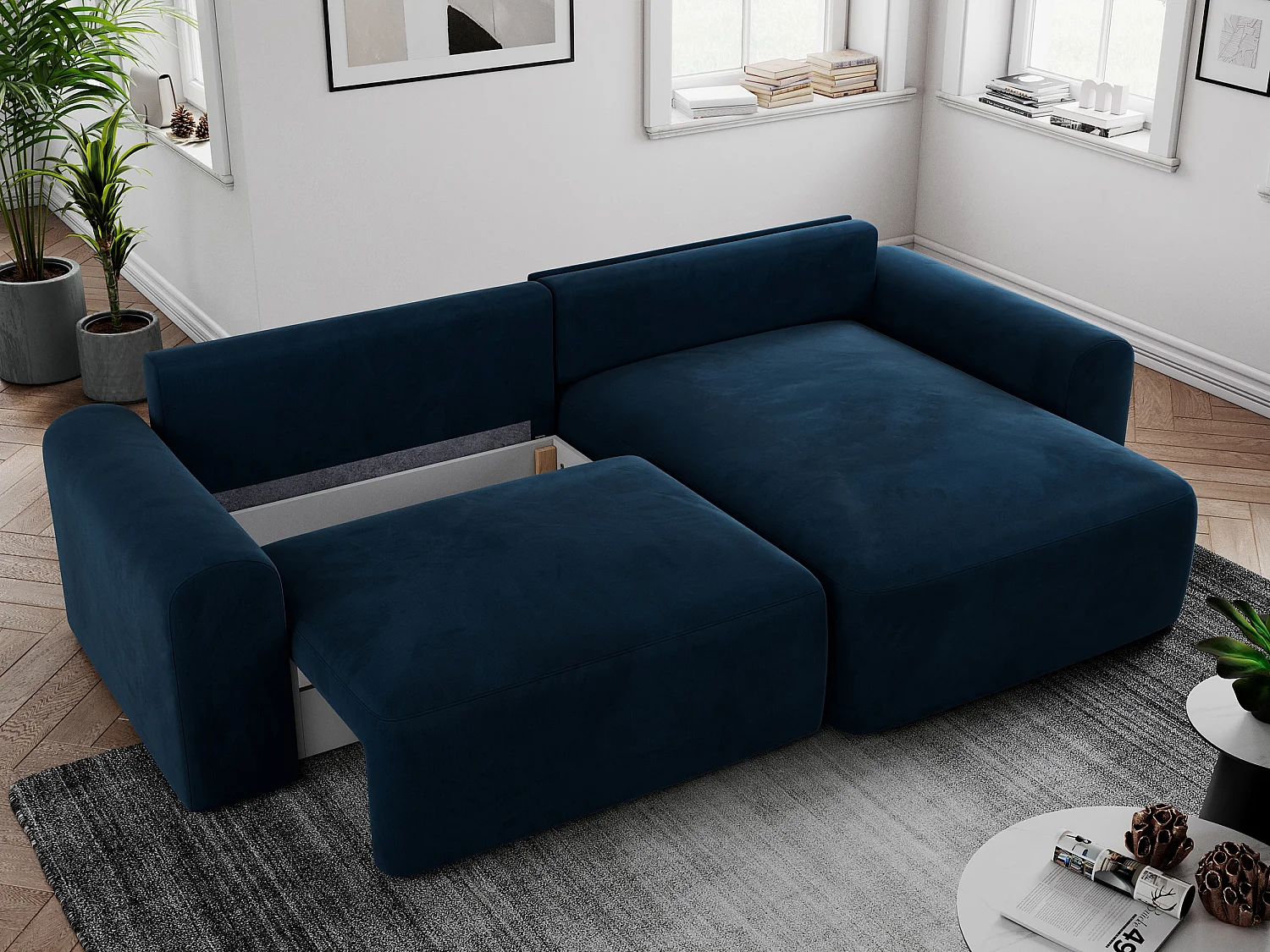 Ecksofa NELSON - Schlafcouch mit Armlehnen und Bettkasten, universelles L-förmige Ecksofa - Dunkelblau Velvet