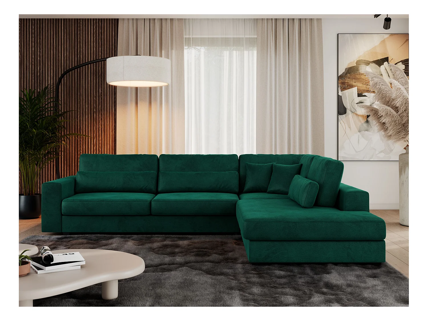 Ecksofa SAVONA - mit Armlehnen, lose Kissen, große L-förmige Ecke, Wohnlandschaft - Dunkelgrün Velvet - Ecke Rechts