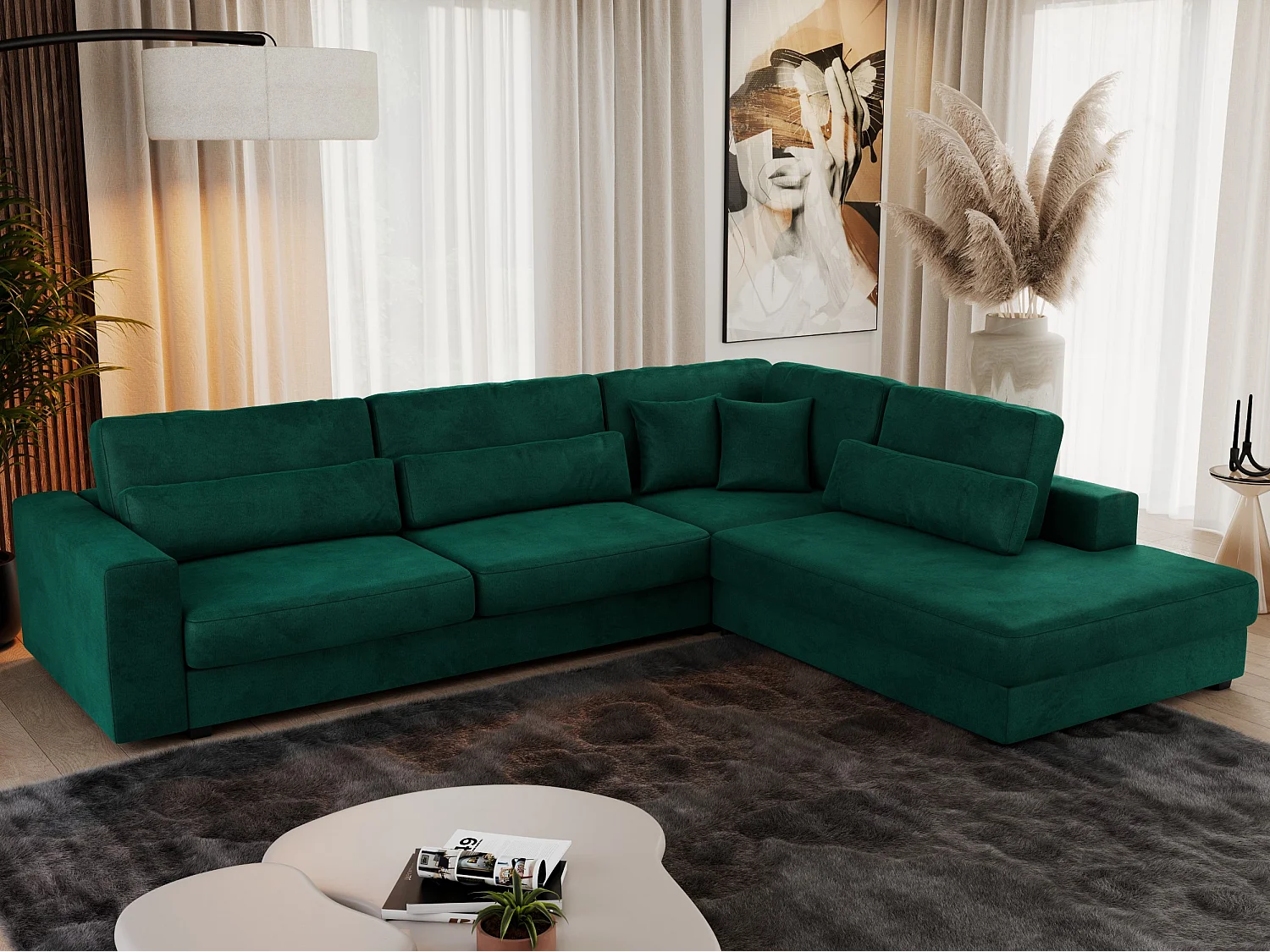 Ecksofa SAVONA - mit Armlehnen, lose Kissen, große L-förmige Ecke, Wohnlandschaft - Dunkelgrün Velvet - Ecke Rechts