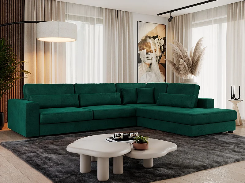 Ecksofa SAVONA - mit Armlehnen, lose Kissen, große L-förmige Ecke, Wohnlandschaft - Dunkelgrün Velvet - Ecke Rechts