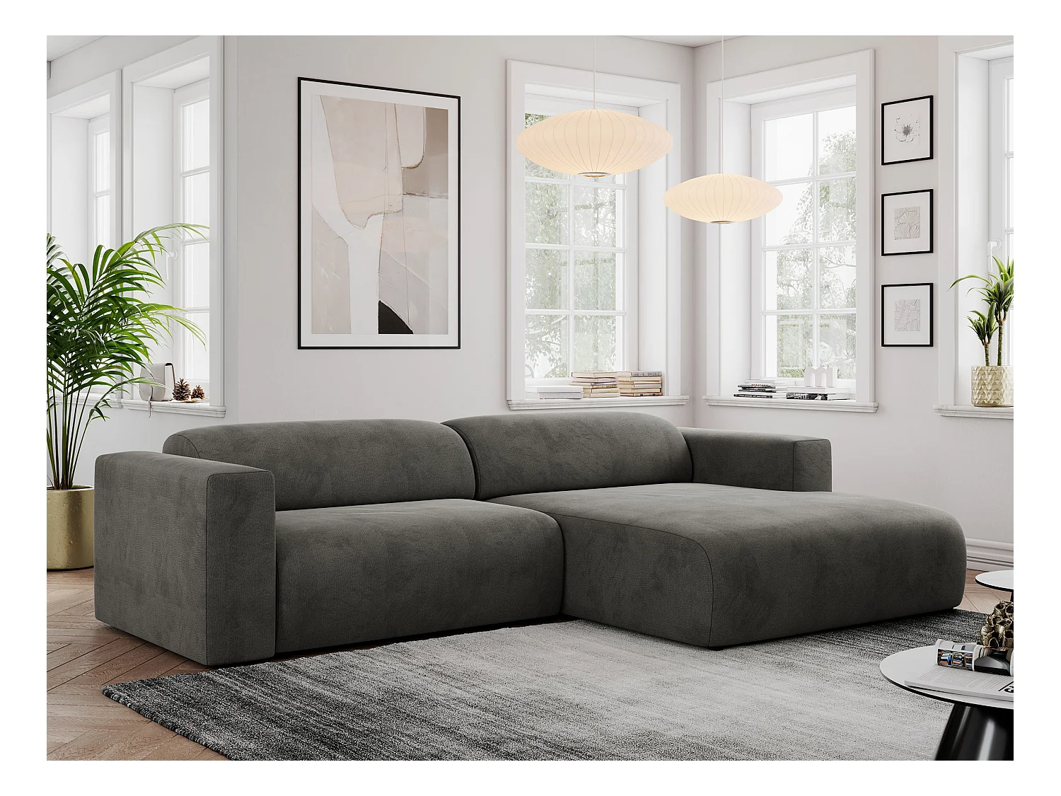 Ecksofa PASADENA - mit Armlehnen, Wohnlandschaft, freistehendes Sofa, große Ecke - Dunkelgrau Velvet - Ecke Rechts
