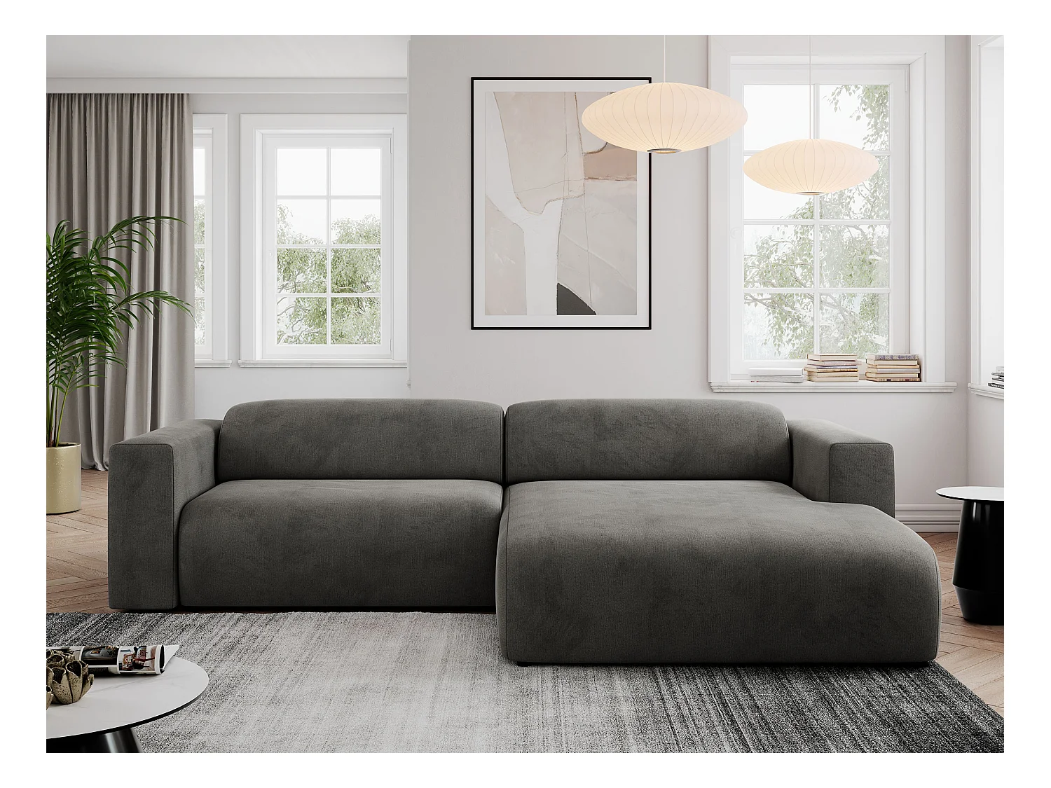 Ecksofa PASADENA - mit Armlehnen, Wohnlandschaft, freistehendes Sofa, große Ecke - Dunkelgrau Velvet - Ecke Rechts
