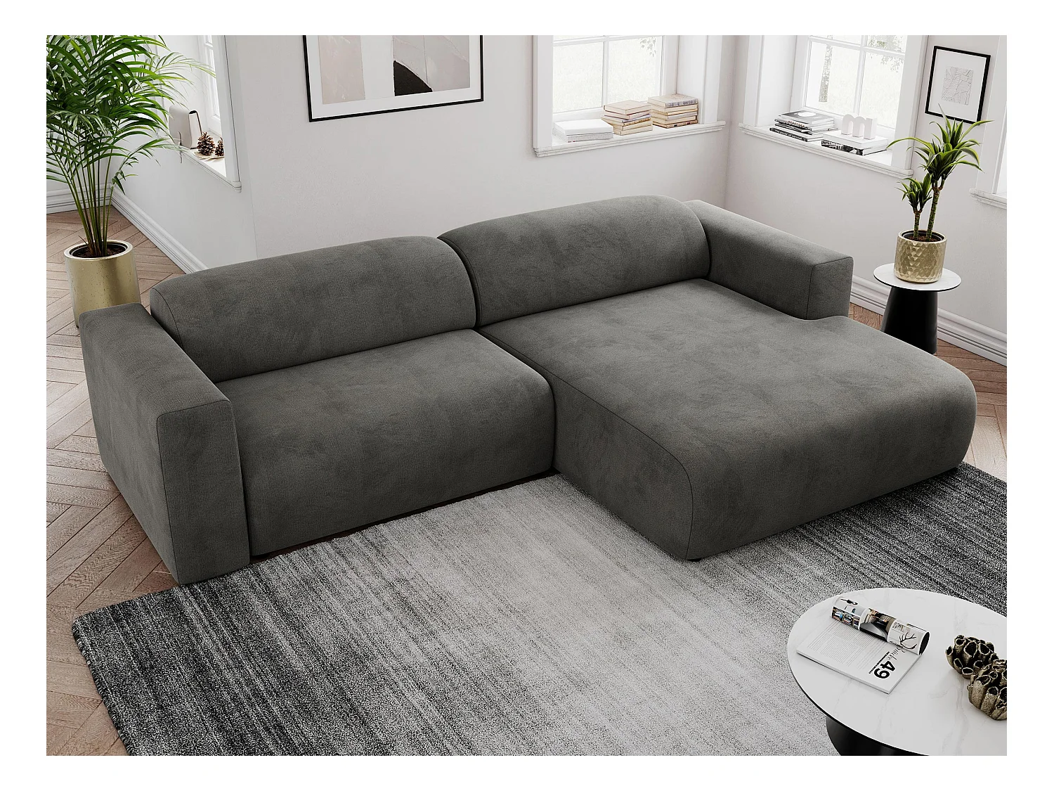 Ecksofa PASADENA - mit Armlehnen, Wohnlandschaft, freistehendes Sofa, große Ecke - Dunkelgrau Velvet - Ecke Rechts
