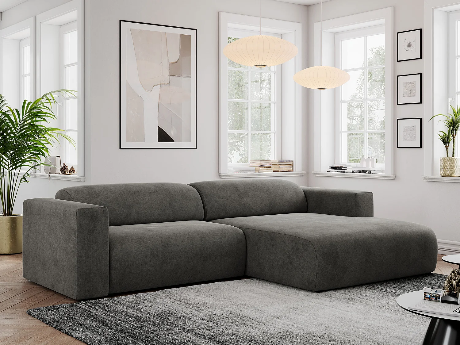 Ecksofa PASADENA - mit Armlehnen, Wohnlandschaft, freistehendes Sofa, große Ecke - Dunkelgrau Velvet - Ecke Rechts