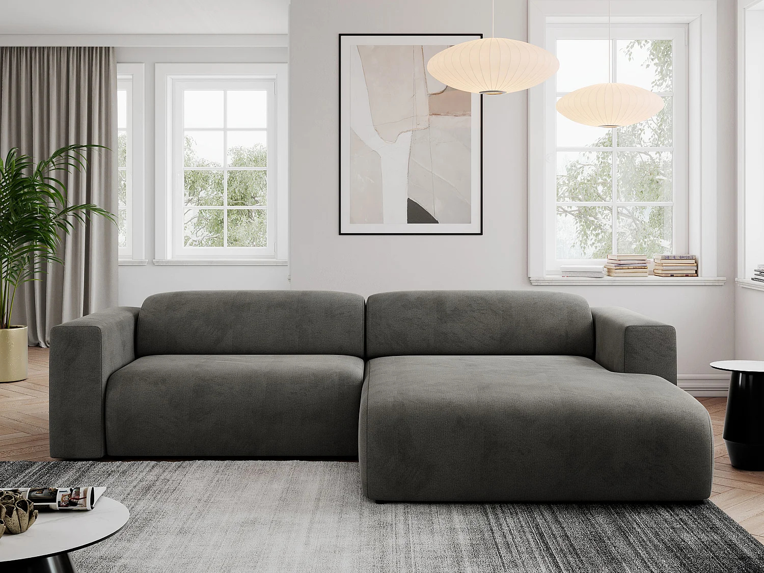Ecksofa PASADENA - mit Armlehnen, Wohnlandschaft, freistehendes Sofa, große Ecke - Dunkelgrau Velvet - Ecke Rechts