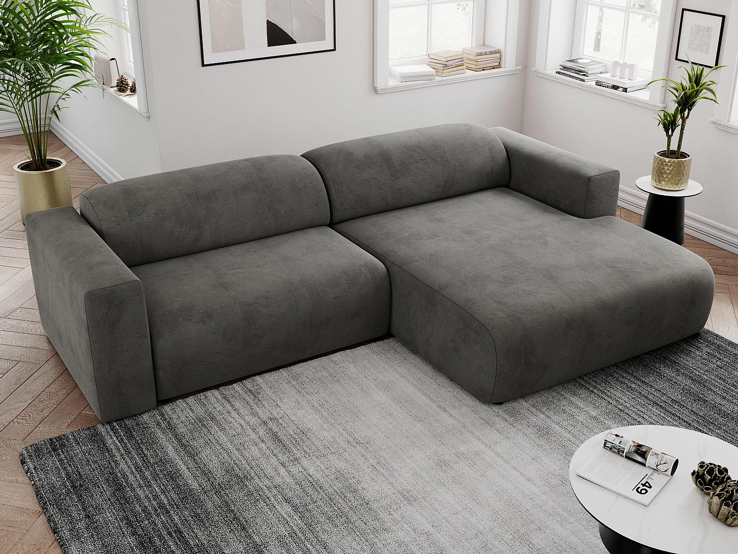 Ecksofa PASADENA - mit Armlehnen, Wohnlandschaft, freistehendes Sofa, große Ecke - Dunkelgrau Velvet - Ecke Rechts